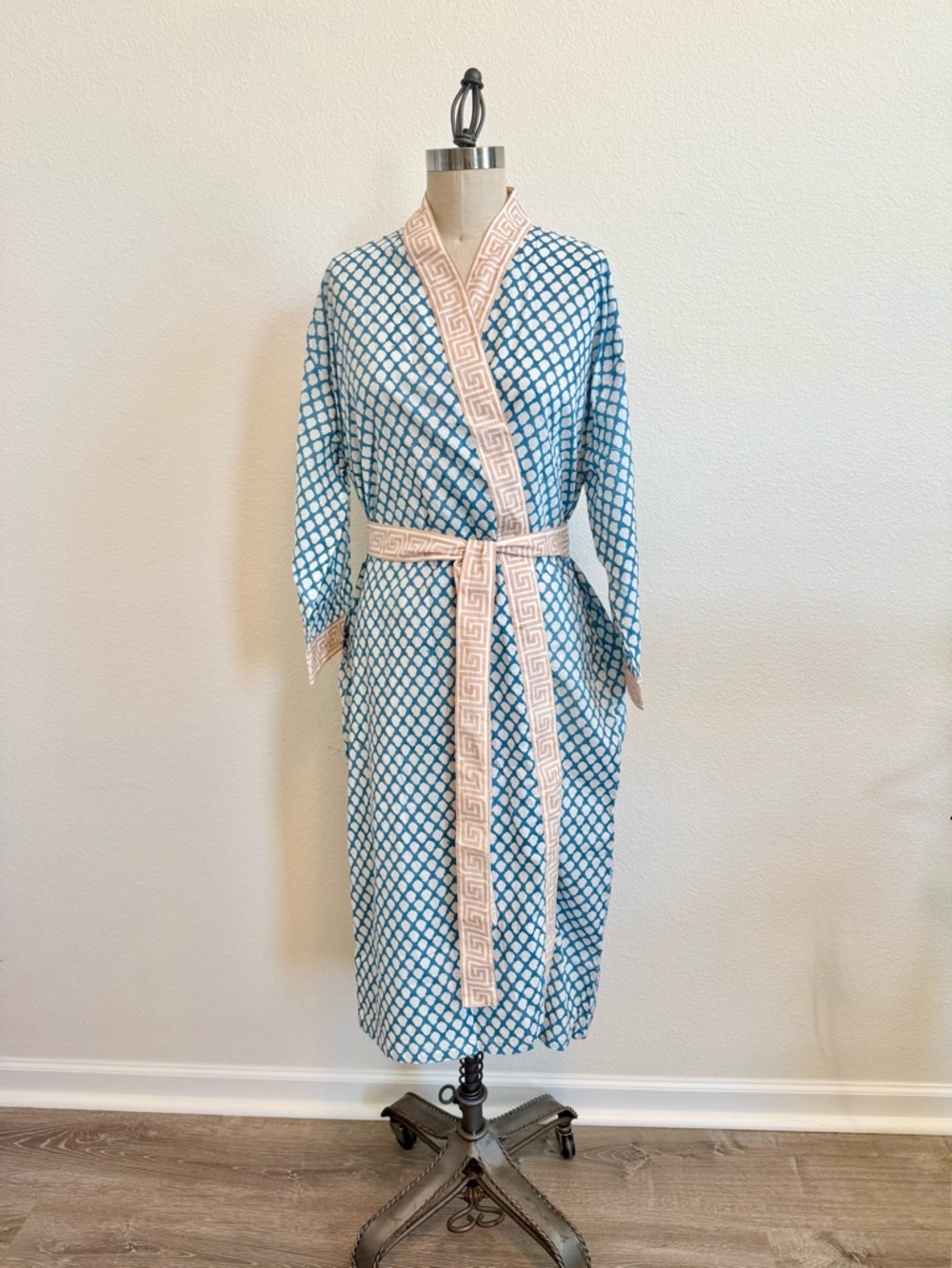 MOHARI Cotton Kimono Robe Medium Turquoise Greek Key Resort Spa Lounge Robe
